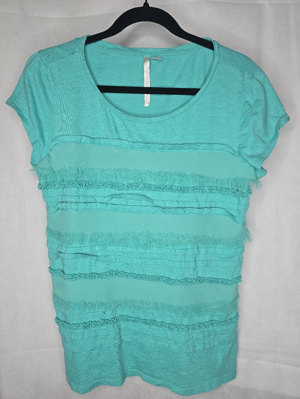 LC Lauren Conrad Mixed Media Tee Aqua Blue Short Sleeve Scoop Neck Fringe Ruffle